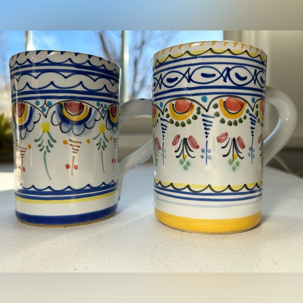 Talavera mugs ceramic pottery Mexican yellow blue hand painteded coffee lot of 2